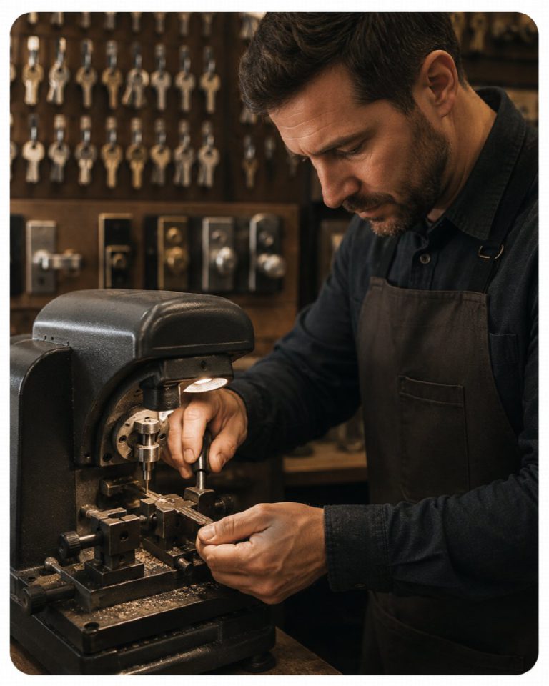 Cerrajero de Rápido Padilla duplicando una llave en el taller de Barcelona