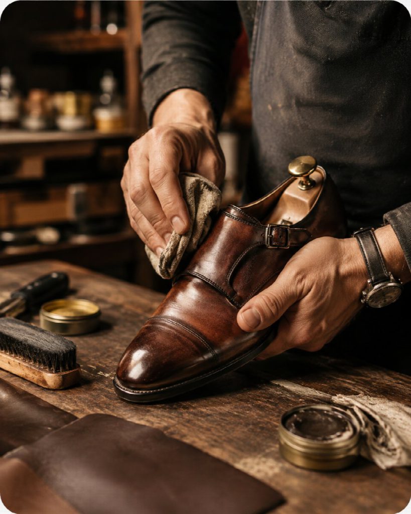 Zapatero de Rápido Padilla puliendo un zapato de piel marrón